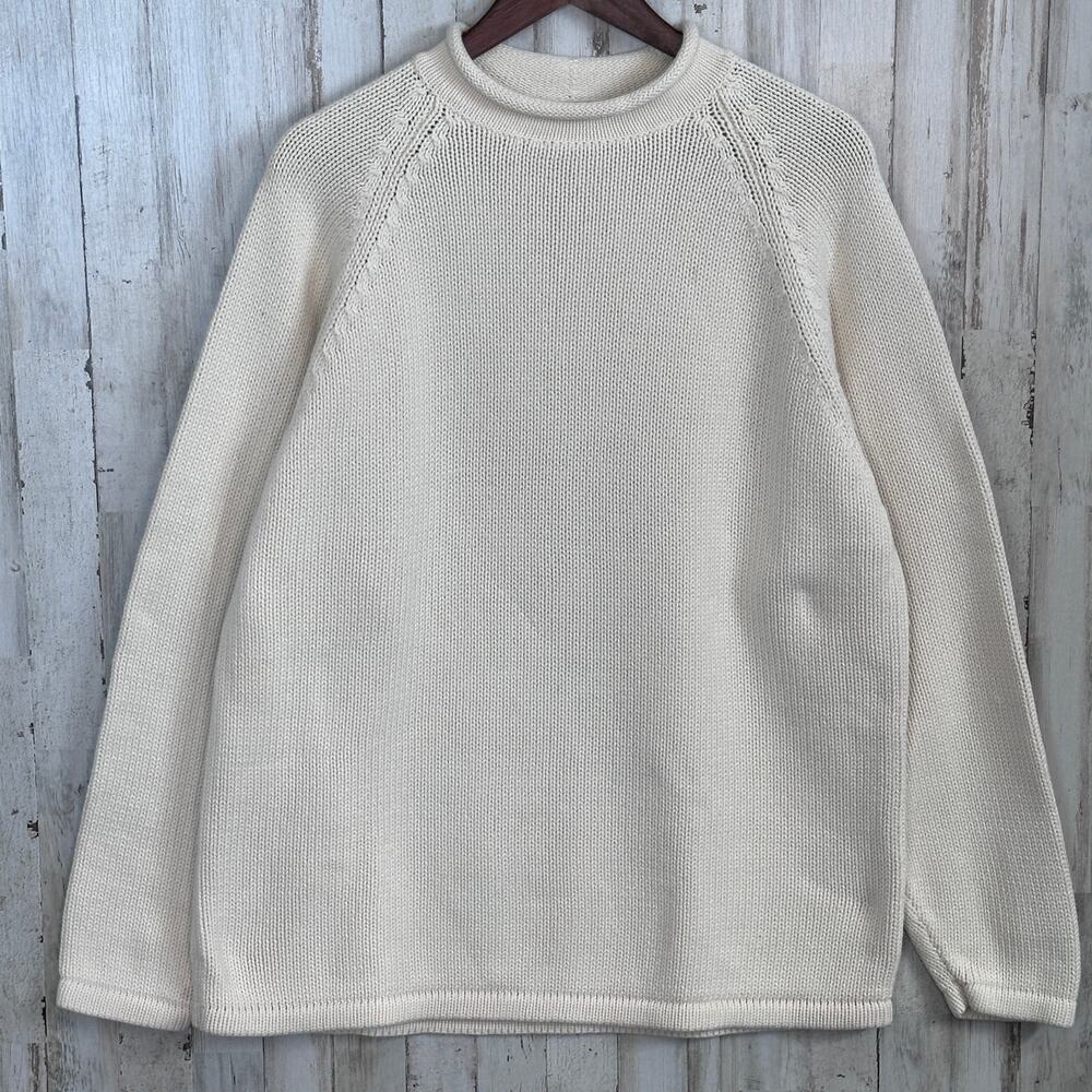 J Crew Vintage 100 Cotton Roll Neck Sweater L Ivory Fisherman Heavy 90s Chunky